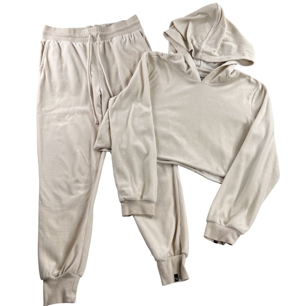 True Religion Cropped Hoodie Jogger Set L Cream Women Sweatsuit 2 Piece Lounge